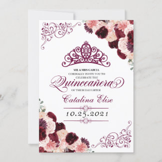Burgundy Blush Pink Floral Quinceanera Geburtstag Einladung