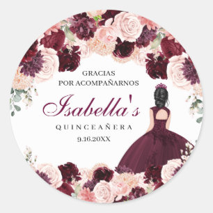 Burgundy Blush Pink Floral Quinceanera Runder Aufkleber