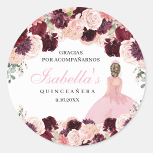 Burgundy Blush Pink Floral Quinceanera Runder Aufkleber