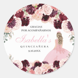 Burgundy Blush Pink Floral Quinceanera Runder Aufkleber