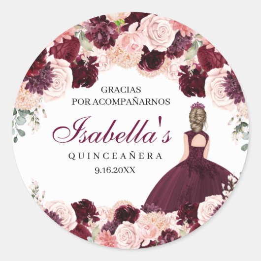 Burgundy Blush Pink Floral Quinceanera Runder Aufkleber (Vorderseite)