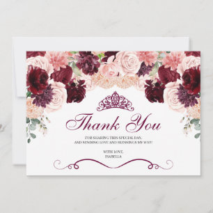 Burgundy Blush Pink Floral Quinceanera Vielen Dank Dankeskarte