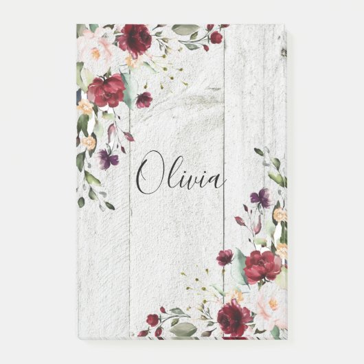 Burgundy Blush Pink Floral Rustikal Post-it Klebezettel (Vorderseite)