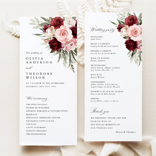Burgundy Blush Pink Floral Wedding Ceremony Programm