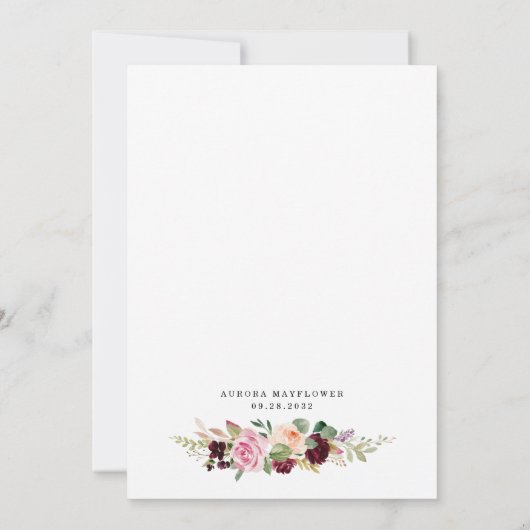 Burgundy Blush Pink Gold Floral Boho Baby Dusche Einladung (Rückseite)