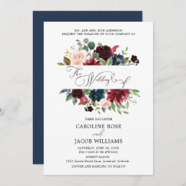 Burgundy Blush Pink Navy Blue Floral Wedding Einladung