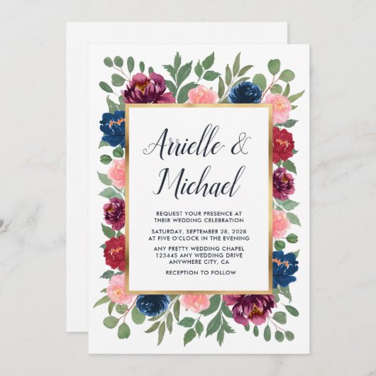 Burgundy Blush Pink Navy Blue Marsala Gold Wedding Einladung (Vorne/Hinten)