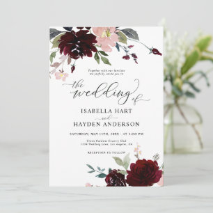 Burgundy Blush Pink Red Bordo Floral Wedding Einladung