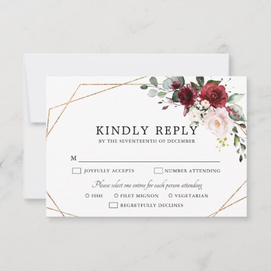 Burgundy Blush Pink Rose Boho Geometric Wedding RSVP Karte (Vorderseite)