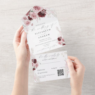 Burgundy Blush Pink Roses Floral QR Code Hochzeit All In One Einladung