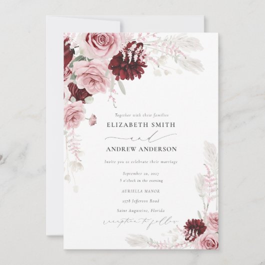 Burgundy Blush Pink Roses Floral QR Code Hochzeit Einladung (Vorderseite)