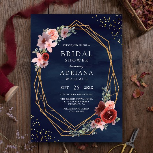 Burgundy Blush Pink Roses Navy Blue Brautparty Einladung