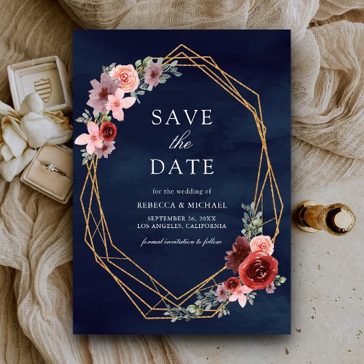 Burgundy Blush Pink Roses Navy Blue Wedding Save The Date