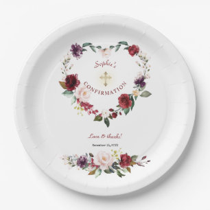 Burgundy Blush Plum Floral Girl Bestätigung Pappteller