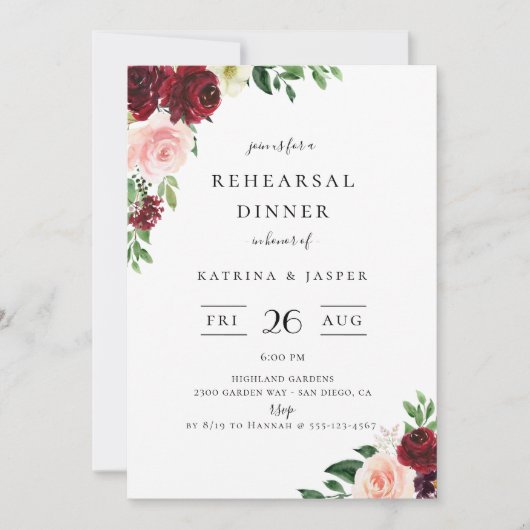 Burgundy Blush Probe Dinner Einladung (Vorderseite)