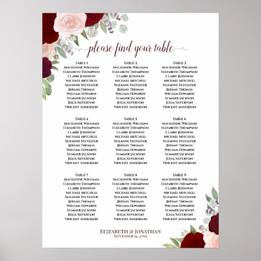 Burgundy Blush Rose 9 Tabelle Hochzeitstabelle Poster (Vorne)