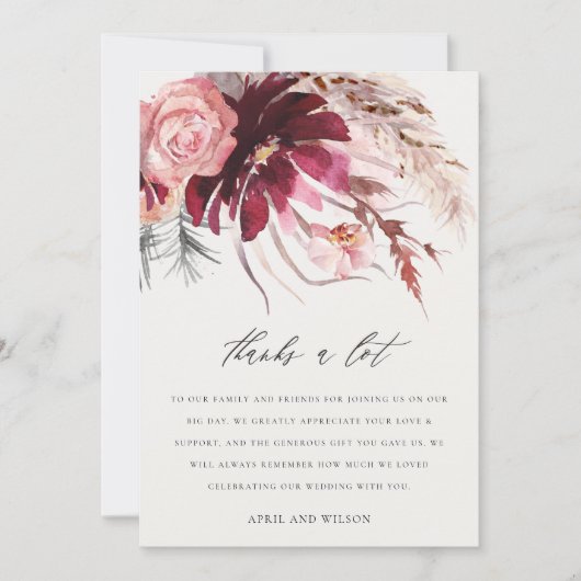 Burgundy Blush Rose Blumenpampas Grass Wedding Dankeskarte (Vorderseite)