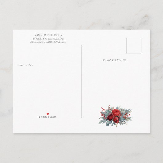 Burgundy & Blush Roses Wedding Save the Date Ankündigungspostkarte (Rückseite)