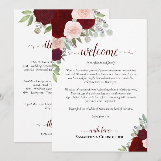 Burgundy Blush Roses Wedding Welcome & Itinerary Programm (Vorne/Hinten)