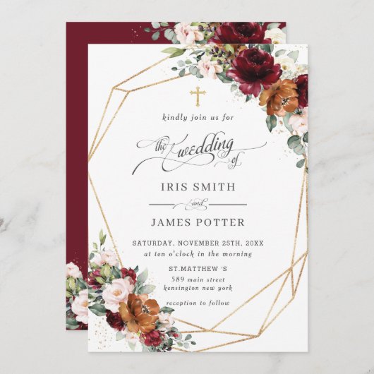 Burgundy Blush Rust Orange Floral Church Wedding   Einladung (Vorne/Hinten)