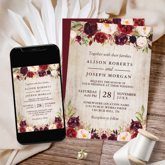 Burgundy Blush Rustic Barn Wood Wedding Einladung