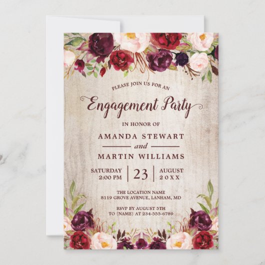 Burgundy Blush Rustic Wood Engagement Party Einladung (Vorderseite)