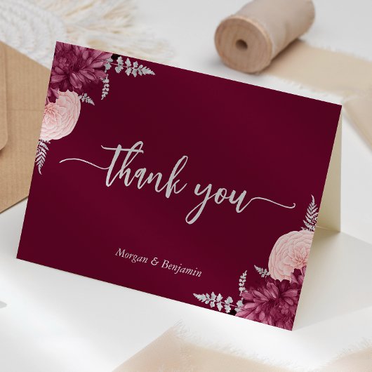 Burgundy Blush Silver Bloral Script Hochzeit Dankeskarte