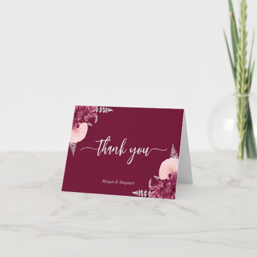 Burgundy Blush Silver Bloral Script Hochzeit Dankeskarte (Vorderseite)