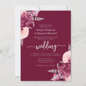 Burgundy Blush Silver Floral QR Code Hochzeit Einladung (Vorderseite)