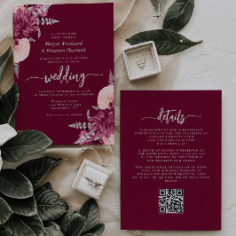 Burgundy Blush Silver Floral QR Code Hochzeit Einladung