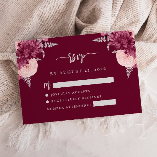Burgundy Blush Silver Floral Script Wedding RSVP Begleitkarte