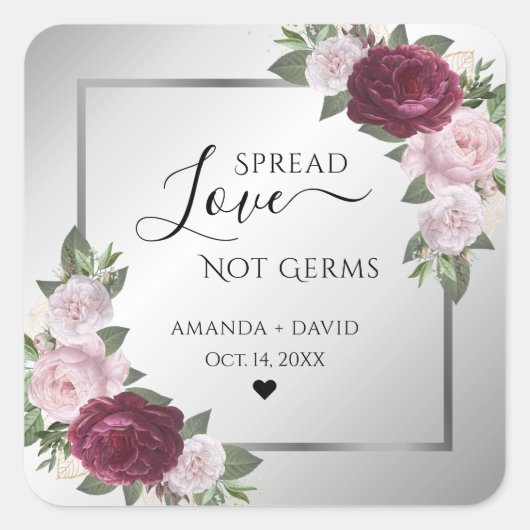 Burgundy Blush Silver Floral Spread Liebe Quadratischer Aufkleber (Vorderseite)