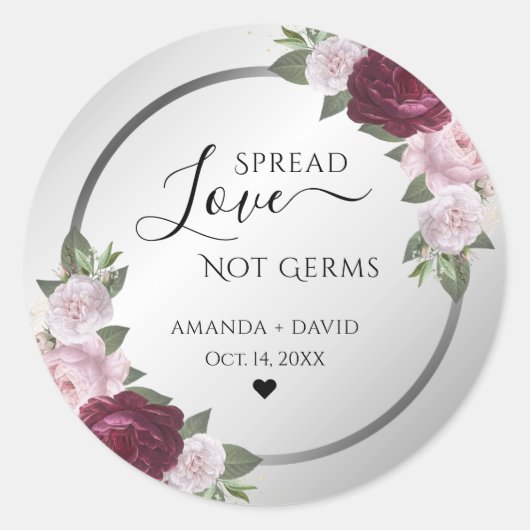 Burgundy Blush Silver Floral Spread Liebe Runder Aufkleber (Vorderseite)