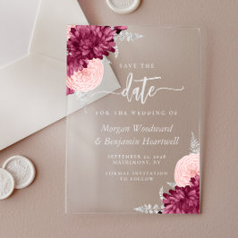 Burgundy Blush Silver Floral Wedding Save the Date Acryleinladungen