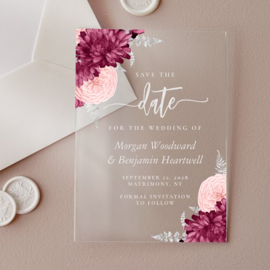 Burgundy Blush Silver Floral Wedding Save the Date Acryleinladungen