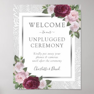 Burgundy Blush Silver Unplugged Wedding Sign Poster