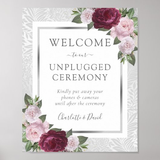 Burgundy Blush Silver Unplugged Wedding Sign Poster (Vorne)