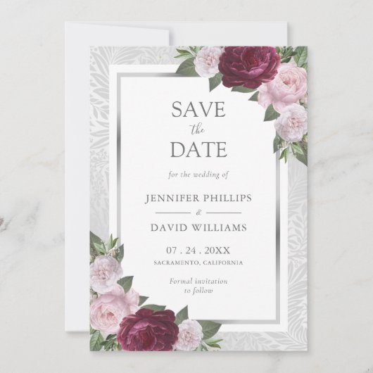 Burgundy Blush Silver Wedding Save the Date Cards (Vorderseite)