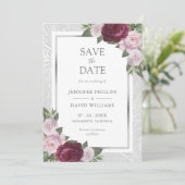 Burgundy Blush Silver Wedding Save the Date Cards (Stehend Vorderseite)