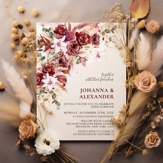 Burgundy Blush Terracotta Boho Floral Wedding Einladung