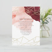 Burgundy Blush Wassercolor Geometric Bat Mitzvah Einladung (Stehend Vorderseite)