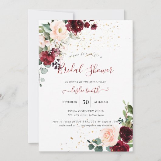 Burgundy Blush Wasserfarbe Blume Brautparty Einladung (Vorderseite)