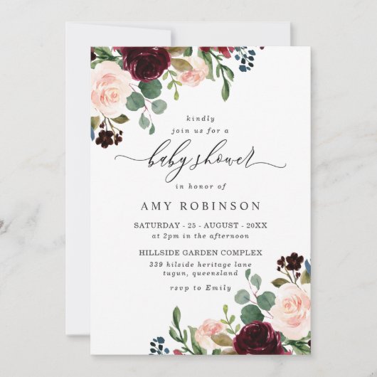 Burgundy & Blush Wasserfarbe Elegante Babydusche Einladung (Vorderseite)