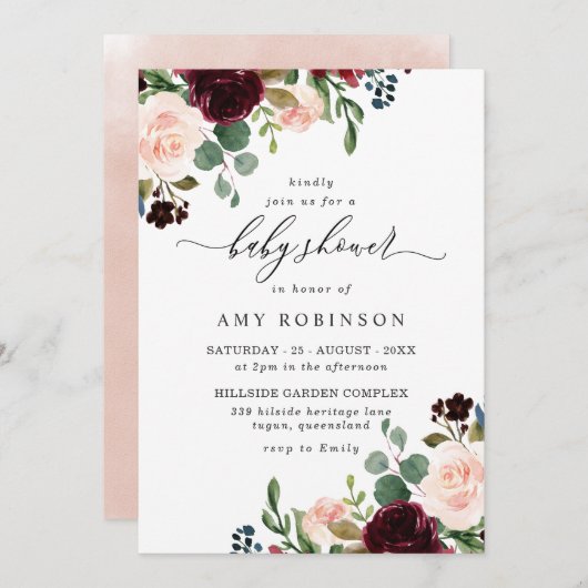 Burgundy & Blush Wasserfarbe Elegante Babydusche Einladung (Vorne/Hinten)