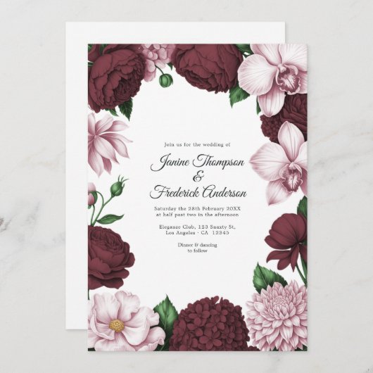 Burgundy & Blush Watercolor Floral Wedding Einladung (Vorne/Hinten)