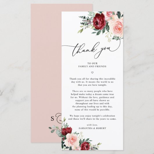 Burgundy Blush Wedding Danke Letter Card Menükarte (Vorne/Hinten)