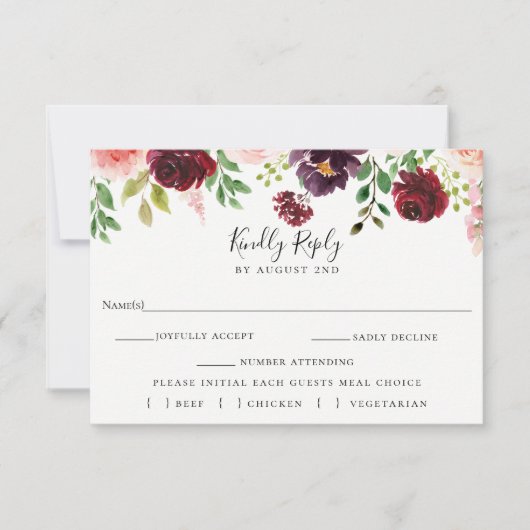 Burgundy Blush Wedding RSVP Meal Choice Card Karte (Vorderseite)