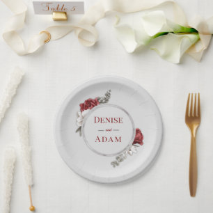 Burgundy Blush & White Roses Silver Foil Pappteller