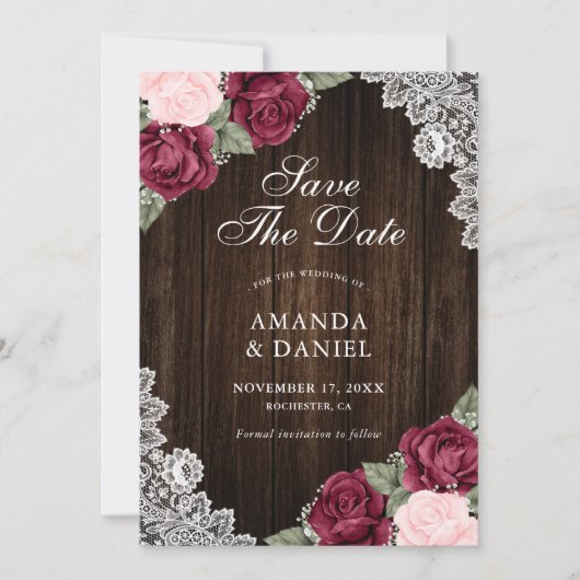 Burgundy Blush Wood Floral Wedding Foto Save The Date (Vorderseite)