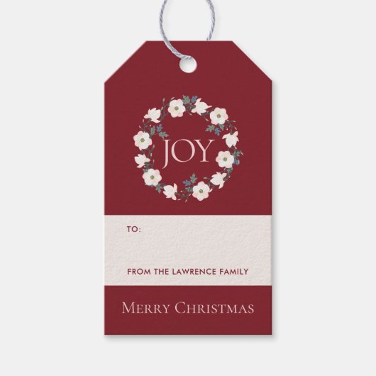 Burgundy Blush Wreath Joy Floral Weihnachtsfeierta Geschenkanhänger (Vorderseite)